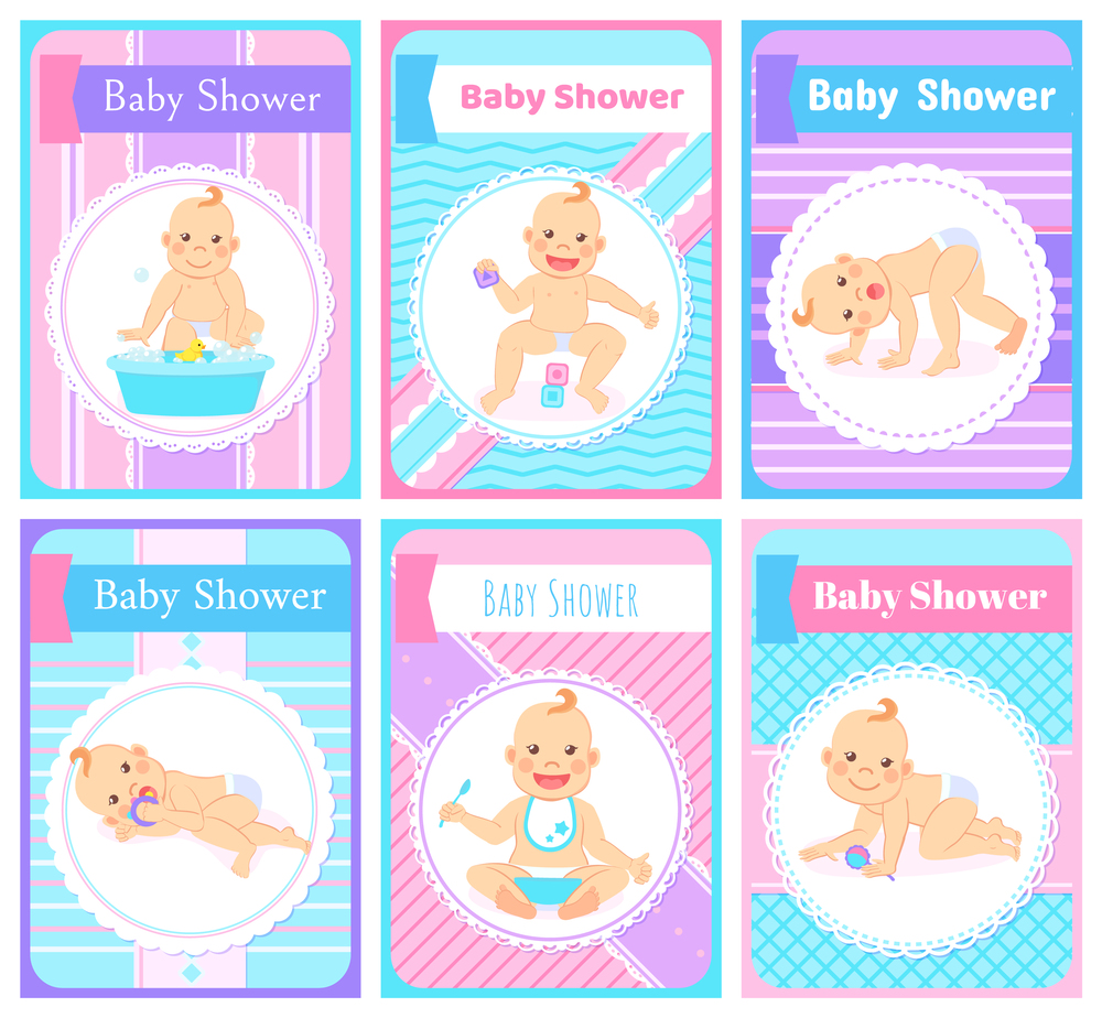 Baby shower vector, happy childhood flat style. Crawling and active children eating food holding spoon and playing with toys. Water with bubbles and duck. Baby Shower Set of Children in Motion Childhood
