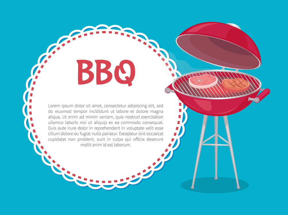 BBQ party mockup oven with steaks and text sample in round frame. Vector grilling machine with meat, pork on bone or beef sirloins, barbeque food on fire. BBQ Party Mockup Oven with Steaks and Text Sample