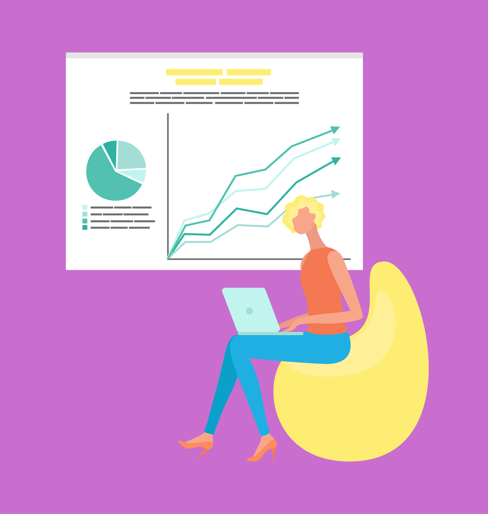 Woman sitting on chair with laptop, presentation with diagram and growth arrows on chart. Analytics and working strategy, worker using computer vector. Woman Working with Laptop, Growth Chart Vector