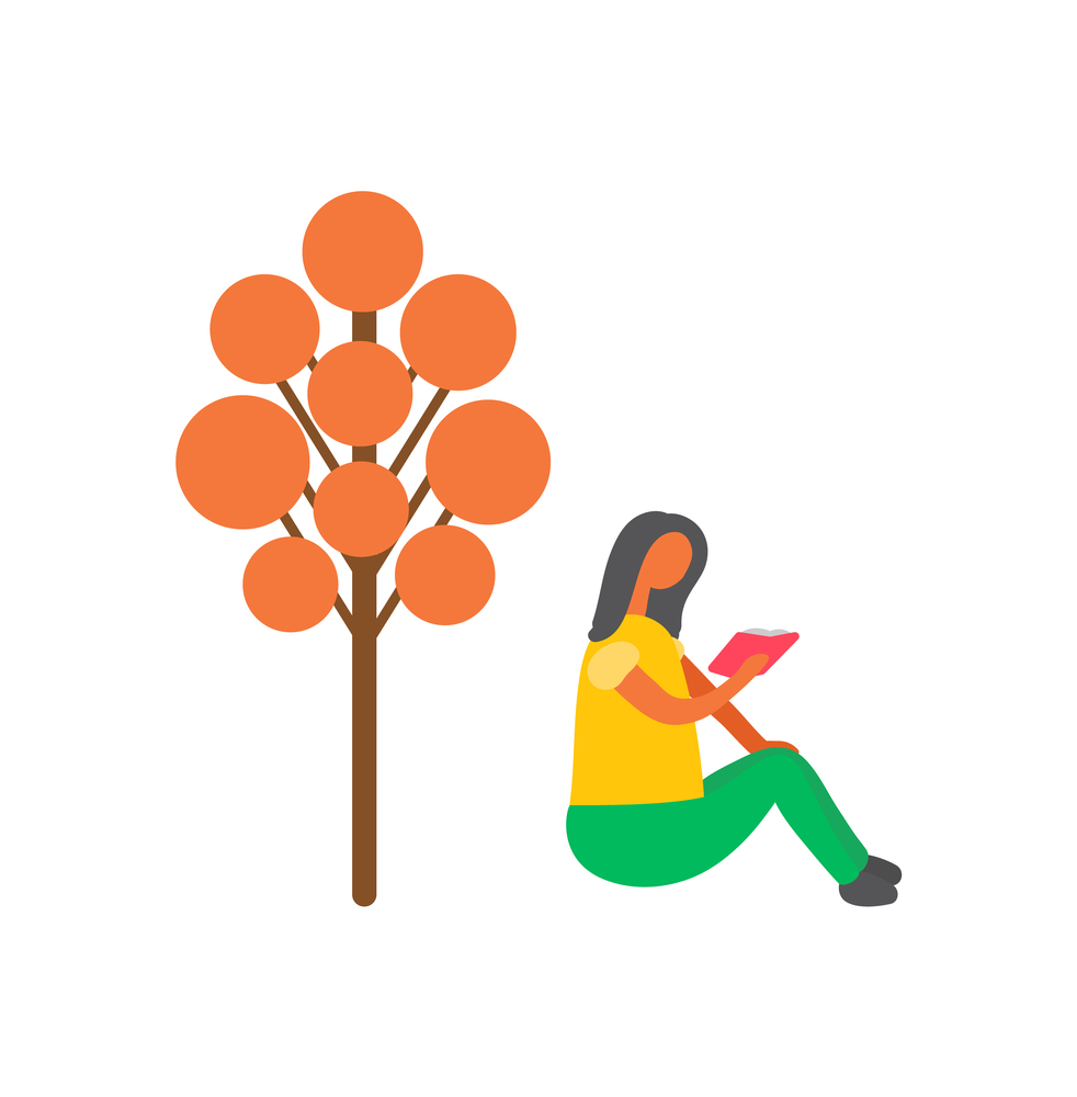 Woman sitting under orange tree and reading book. Vector isolated cartoon girl with textbook in hands. Female reader with open magazine, flat design. Woman Sitting Under Orange Tree and Reading Book
