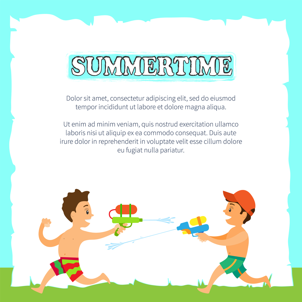 Children playing with water guns or pistols, summertime vector. Beach and outdoor activity, kids in swimming trunks, spraying water, summer childish games. Summertime, Children Playing with Water Pistols
