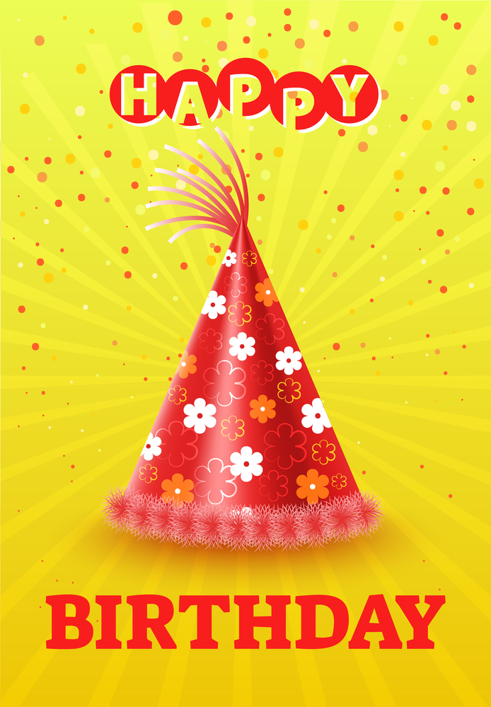 Happy birthday greeting flyspecked and yellow card decorated by red cone cap with flowers, ribbons and pompons. Holiday decoration, head accessory vector. Head Accessory on Birthday Card, Cone Cap Vector
