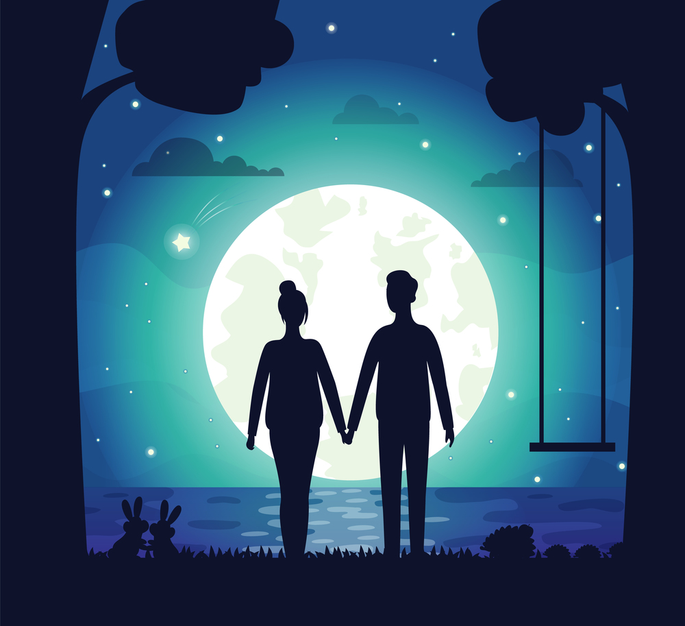 Romantic couple vector, man and woman on secret date standing by lake holding hands of each other. Swing and tree silhouette, shining stars and romance. Romantic Couple at Night, Dating People and Moon
