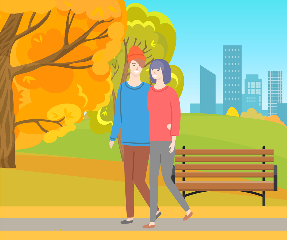 Man and woman walking together in autumn park on backdrop of buildings. Vector male and female in sweaters near wooden bench, people outdoors at fall season. Man and Woman Walking Together in Autumn Park