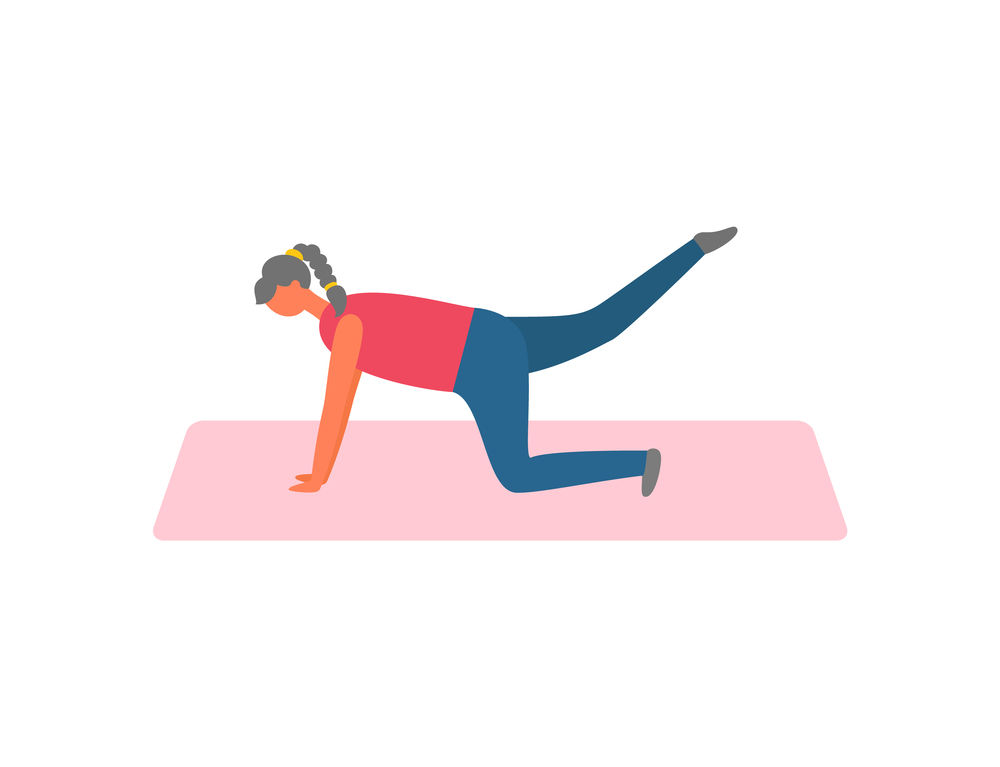 Woman on rug lifting legs, sport and exercise vector. Fitness and physical activity, girl training in sportswear pumping muscles isolated female character. Sport and Exercise, Woman on Rug Lifting Legs