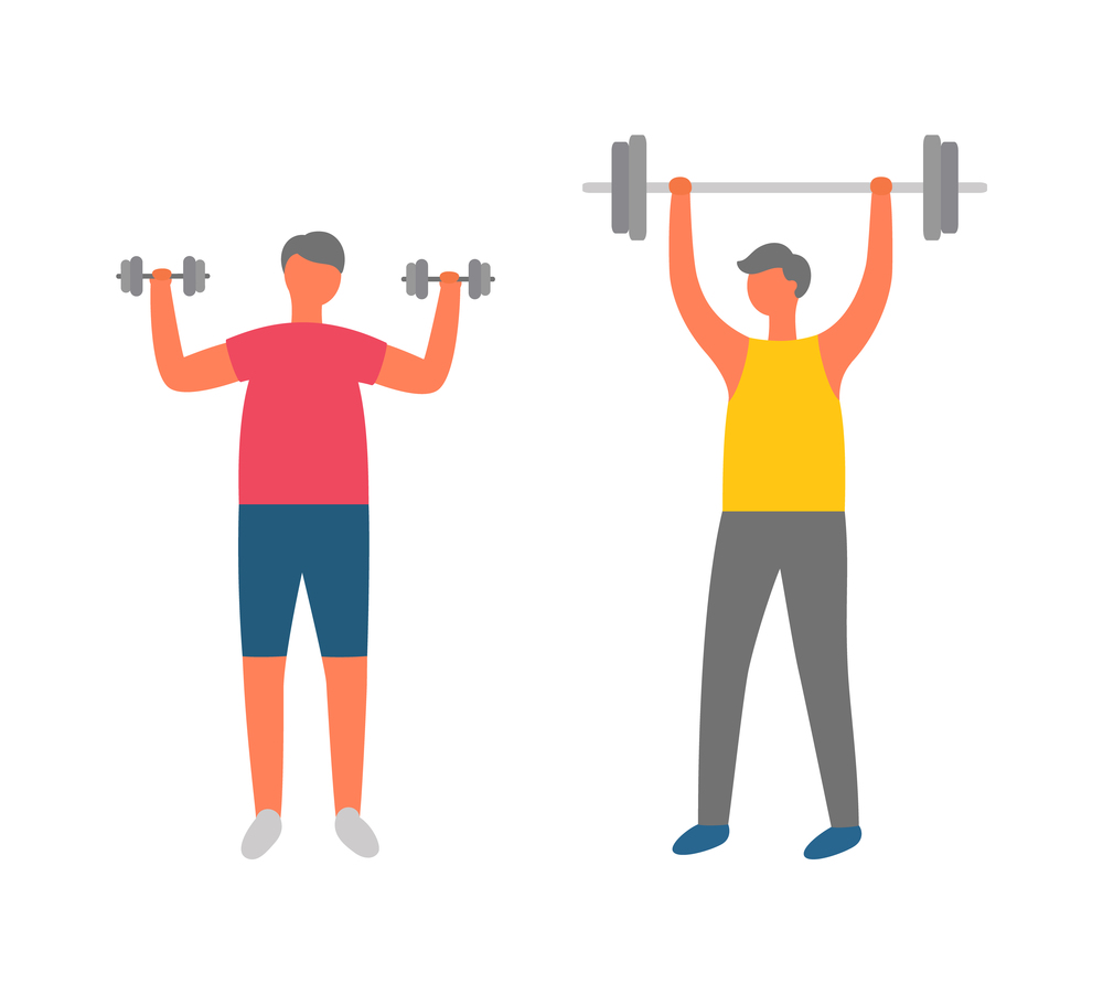 Bodybuilders doing exercises vector, people in gym flat style. Athletes, weightlifters with barbell and dumbbells, sport characters in sportswear. People With Barbell and Dumbbells, Bodybuilders
