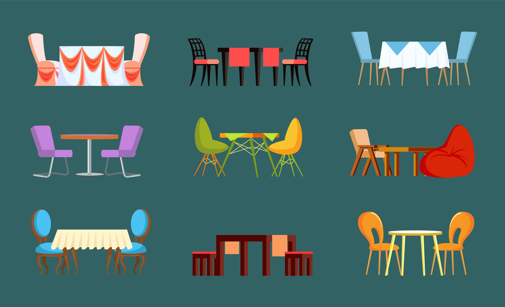 Empty design set of table with chairs, stools and bag. Daily and festive view of dinner place, board decorated by cloth and serviette 3D vector. Empty Design View of Table with Chairs Vector