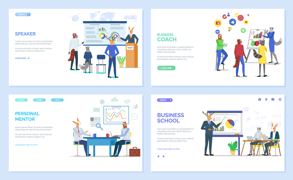 Personal mentor vector, hipster animals at work, working on new ideas. Conference of businessmen, school and teaching, coach giving advice. Website or webpage template, landing page flat style. Speaker and Personal Mentor, Coach Website Set