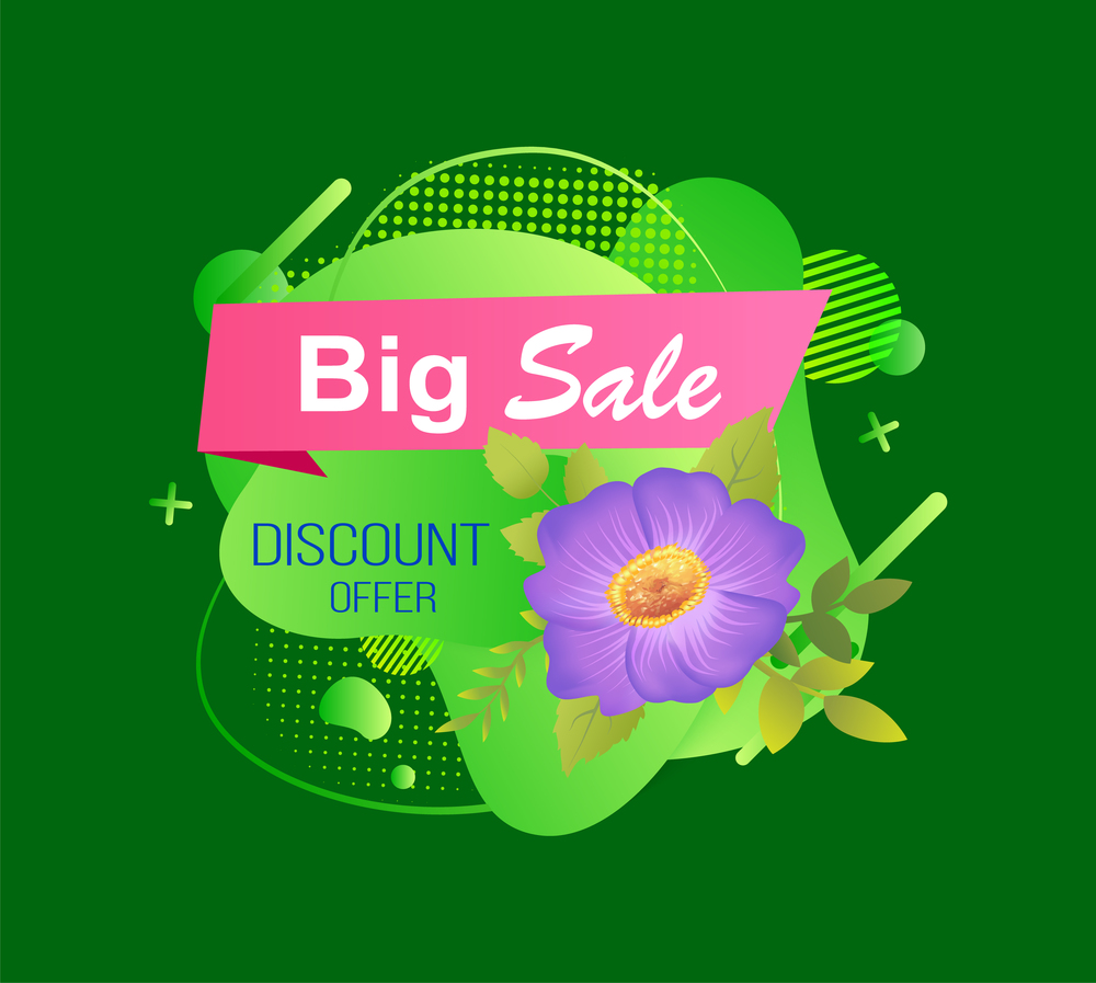 Big sale discount offer, abstract liquid shape and purple spring flower blossom. Vector green advertising tag, template of shopping advert isolated. Big Sale Discount Offer, Liquid Shape and Flower