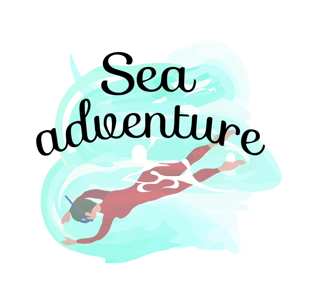 Sea adventure, man wearing swimsuit diving, human in mask swimming underwater isolated label. Vector person in sea, scuba activity or training in water. Sea Adventure, Man Wearing Swimsuit Diving, Human