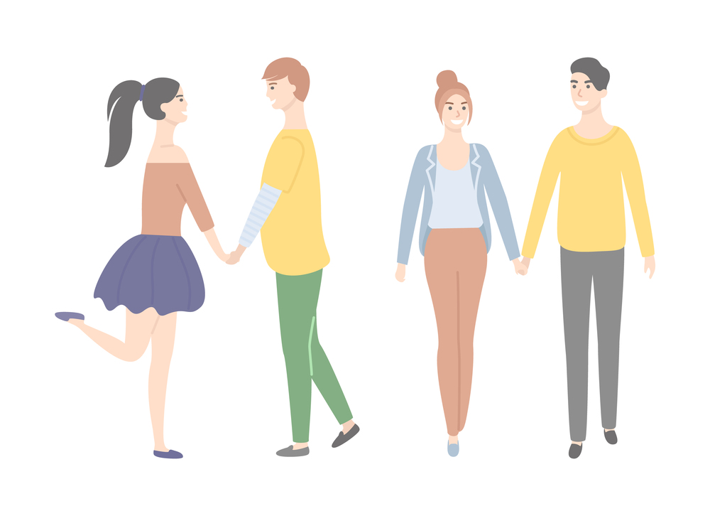 Vector cartoon students in love, male and female characters. Dating teenagers, girl in short skirt or trousers, boy in yellow sweater isolated people. Cartoon Students in Love Male and Female Character