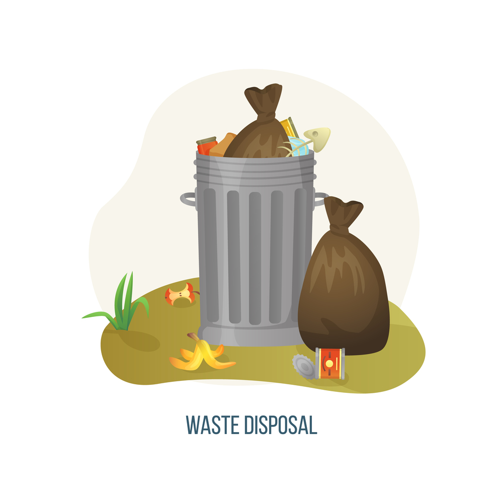 Waste disposal vector, dumpster with metal container filled with rubbish and litter, ecological disaster on planet Earth. Packages packs with garbage. Concept for Earth day. Waste Disposal Metal Can with Rubbish and Litter