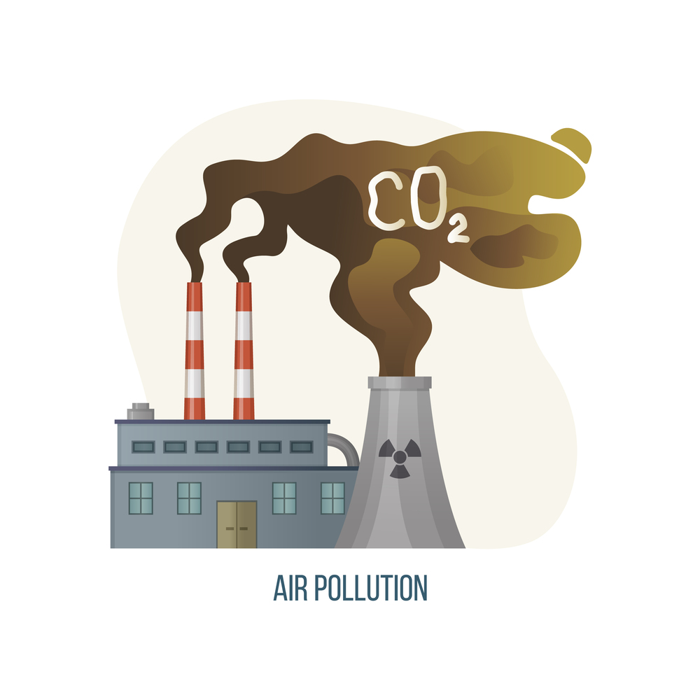 Air pollution vector, factory with CO2 gas emission industrial waste and polluted area, smoke from enterprises, building with hazardous works ecology. Concept for Earth day. Air Pollution with CO2 Gas Emissions Factory Smog
