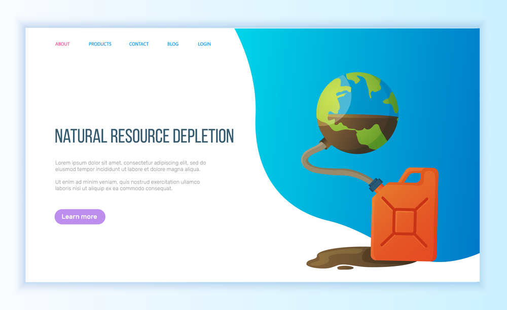 Natural resource depletion, pumping out in tank, exhaustion of planet, environmental problem. Earth resource and supply, global danger vector. Blue website or landing page flat style for Earth day. Global Danger, Natural Resource Depletion Vector