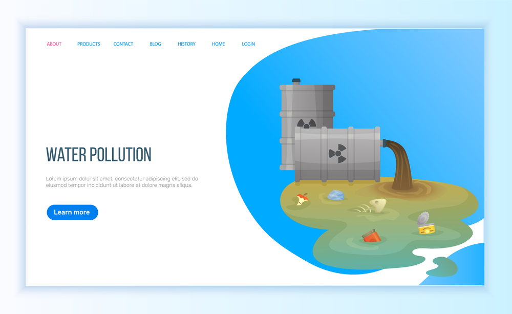 Water pollution, environmental problem with river or sea chemical waste from tube, plastic and organic objects trash from pipe, discarded vector. Webpage landing page flat style. Concept for Earth day. Trash from Pipe, Water Pollution, Tubes Vector