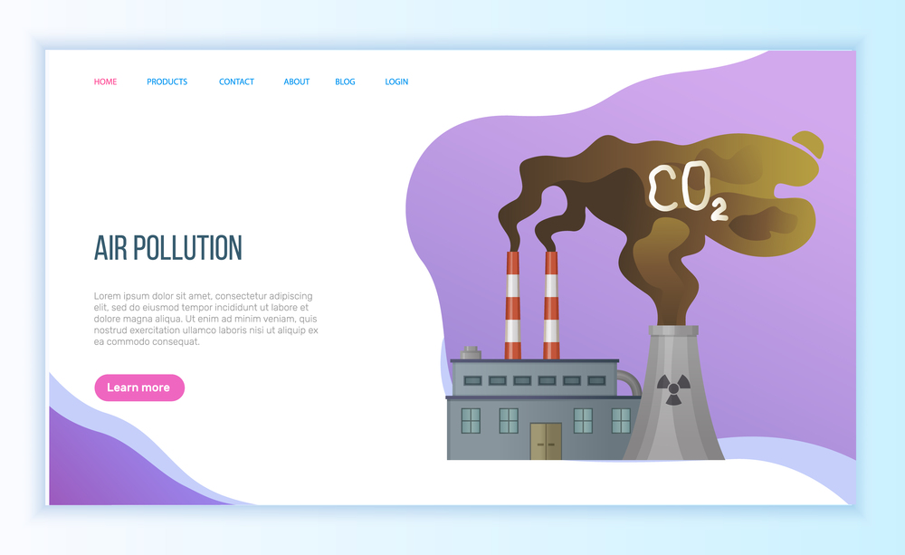 Air pollution by factory, discharge from plant, global or environmental problem, dirty or toxic smoke, contamination and disaster, steam vector. Website landing page flat style. Concept for Earth day. Toxic Gas Discharge from Plant, Factory Vector