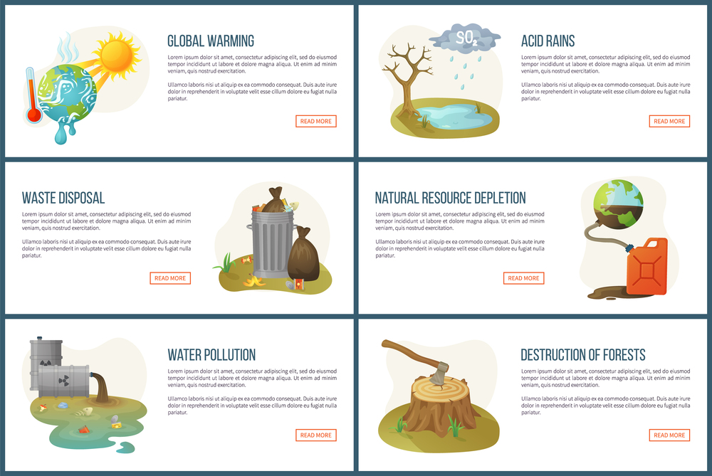 Global warming vector, environmental problems and issues, resource depletion, waste in cans, heat of sunshine and water pollution, deforestation. Website landing page flat style. Concept for Earth day. Global Warming and Climate Changes on Planet Web