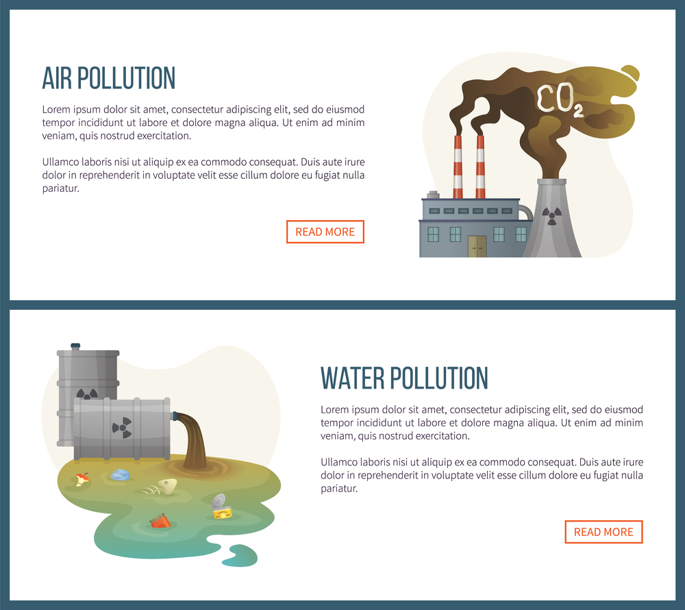 water pollution and air gas emission vector environmental problems on planet, concerned about co2 from factories and liquid with harmful contain. Website landing page flat style. Concept for Earth day. Air and Water Pollution, Environmental Problem
