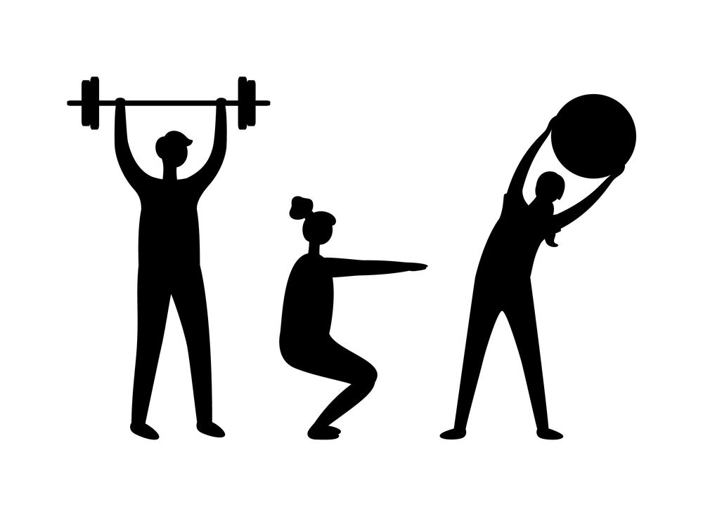 Man and woman pumping muscles, boy with dumbbell, girl doing exercise with ball and squatting. Black and white full length view of sporty people vector. Sporty People in Black and White, Pumping Vector