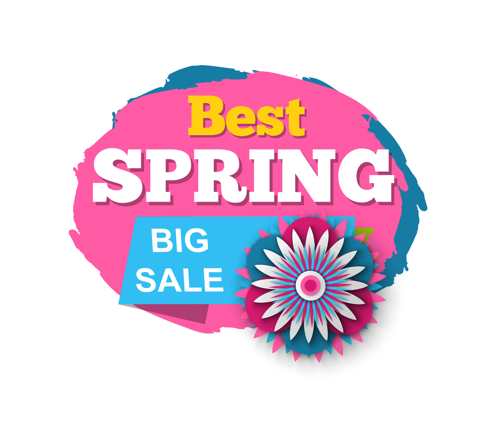 Best spring and big sale vector, isolated banner and promotion, reduction of price and promotion of business products, flowers in bloom, stripes with text. Spring Sale and Best Prices Isolated Banner Text