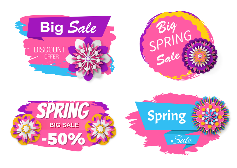 Big sale spring promotion vector, 50 percent off price commerce and business of stores and shops, flower decoration and stripes design isolated set. Big Sale Spring Discounts and Offers 50 Half Off
