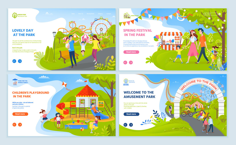 Lovely day and spring festival in amusement park, childrens playground, parents walking with boy and girl, ferris wheel and roller coaster vector. Website or webpage template, landing page flat style. Family Leisure in Park, Spring Festival Vector