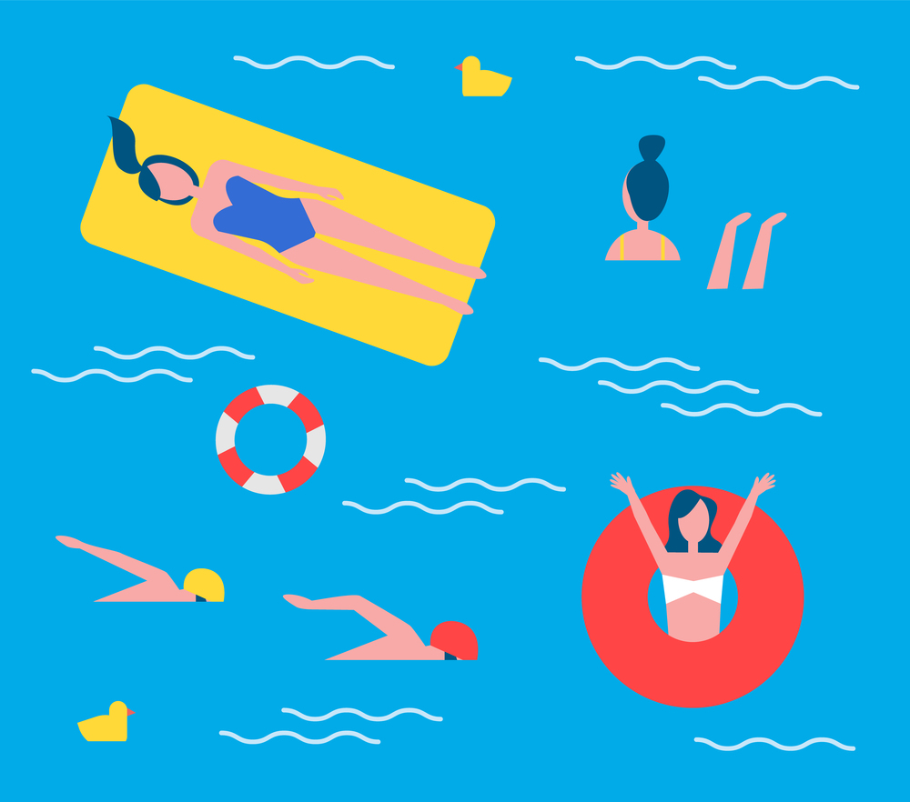 Swimming pool active lifestyle set of people in basin. Mattress lifebuoy saving ring worn by lady waving hands. Professional swimmers sportsman vector. Swimming Pool Active Lifestyle Vector Illustration