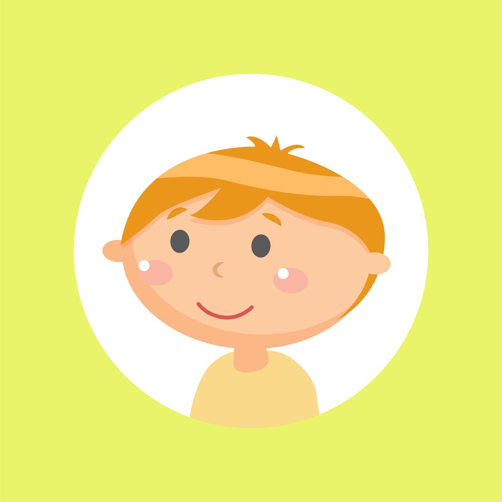 Smiling teenager in casual clothes, glossy view of boy face, kid flat style in round sticker isolated on yellow, little person, emotion of character vector. Kid Glossy Face on Yellow, Little Person Vector