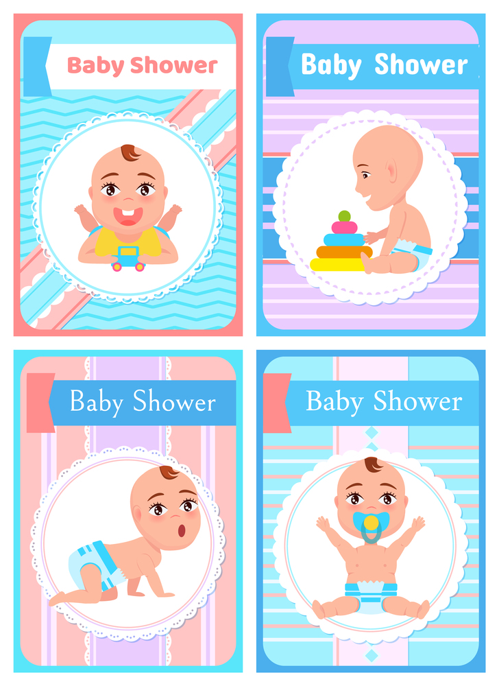 Baby shower vector, child playing with toys flat style. Kid with car made of plastic and cones, crawling character wearing diaper and sucking dummy. Baby Shower Happy Childhood Kid on Poster Set