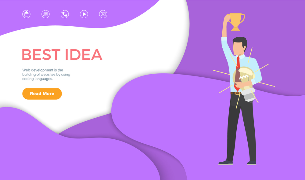 Best idea web page template man with trophy cup and light bulb in hands. Manager has good solution of problem at work, online page site interface vector. Best Idea Web Page Template Man with Trophy Cup