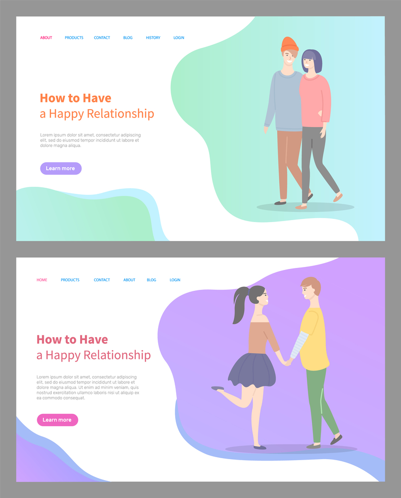 How to build happy relationship vector, people walking together, date of boyfriend and girlfriend, young couple on date, loving each other. Website or webpage template, landing page flat style. How to Build Happy Relationship Man and Woman