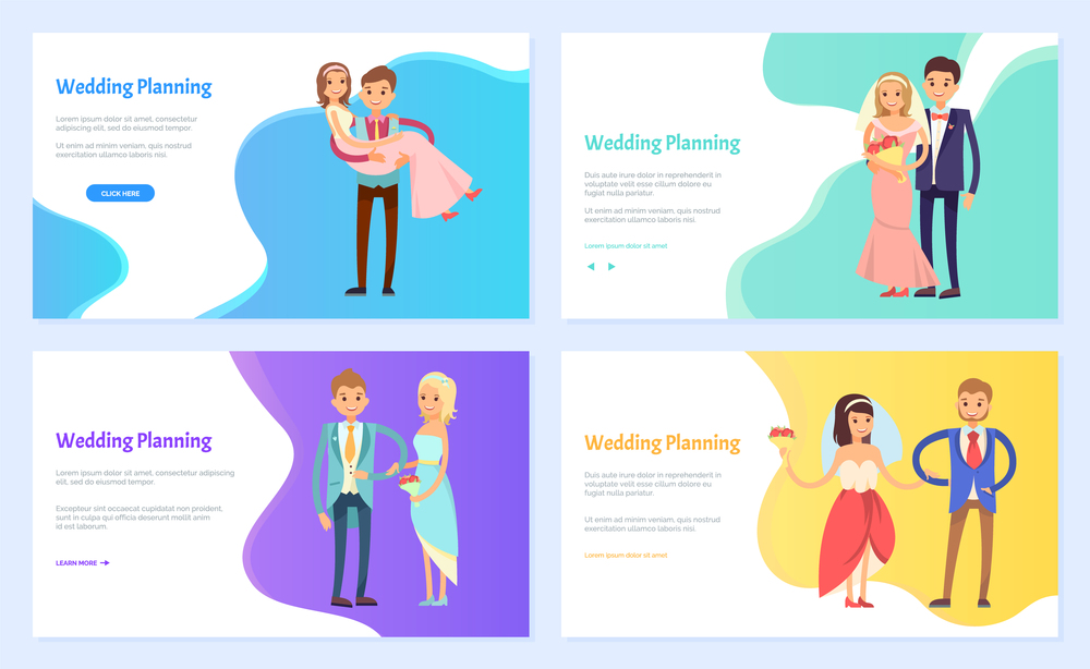 Wedding planning, happy couple man and woman holding together, bride with bouquet and groom in suit, romantic holiday of people, nuptials vector. Website or webpage template, landing page flat style. Bride and Groom, Wedding Planning, Nuptials Vector