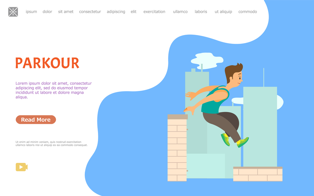 Guy jumping over wall, parkour extreme sport vector. Outdoor physical activity, city skyscrapers roofs, athlete or sportsman, adrenaline and risk. Website or webpage template, landing page flat style. Parkour Website, Extreme Sport, Outdoor Activity