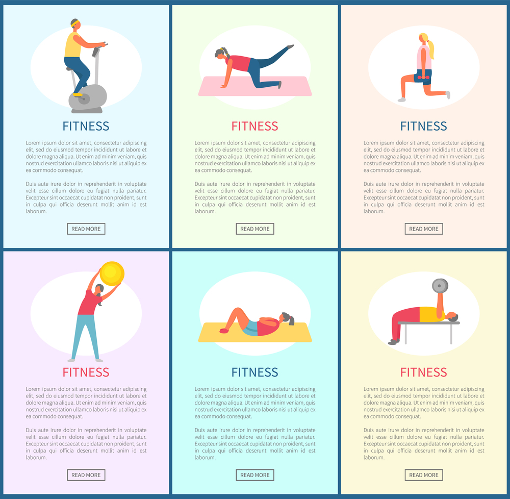 Fitness websites with information vector, woman and man leading active lifestyle. Weightlifters with barbell and dumbbells, bicycle machine and ball. Fitness People, Crunches and Donkey Kicks Set