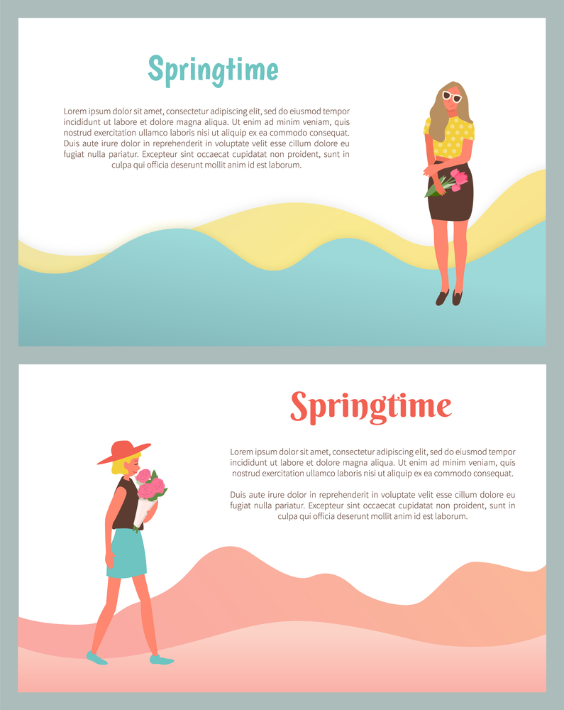 Springtime posters with text sample, smiling females, girls with flowers. Vector cartoon character with bouquet of spring blossoms celebrate 8 March. Springtime Posters with Text Sample, Smile Females