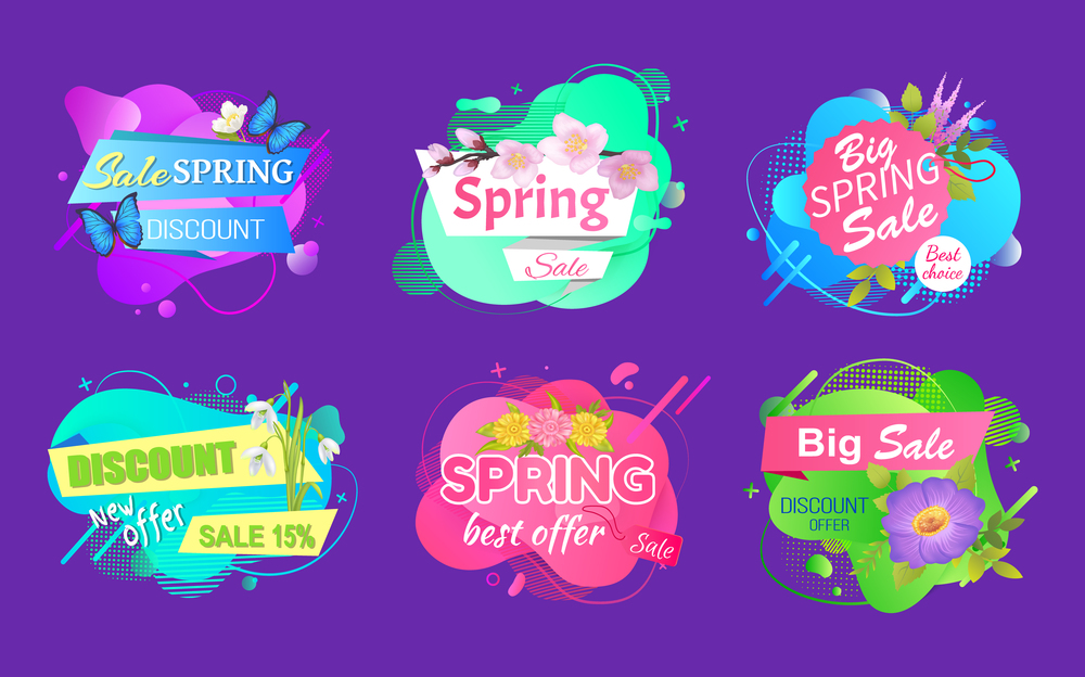 Advertising geometric label decorated by butterfly and flowers lilac and chamomile, spring sale and discount offer promo isolated on purple vector. Spring Sale and Discount Offer Promotion Vector