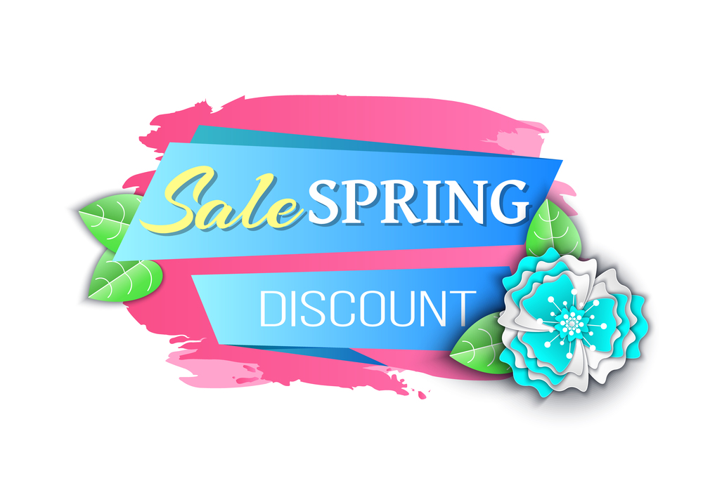 Big spring discount reduced price seasonal offer vector. Banner with decoration, summer flowers decor, petals and foliage origami and brush style, text. Big Spring Discount Reduced Price Seasonal Offer