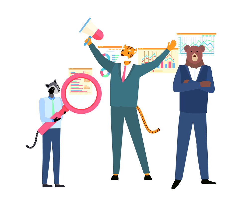 Hipster animals vector, business workers tiger and bear isolated, raccoon holding magnifying glass flat style characters. Infocharts and analysis on boards. Hipster Animals, Tiger and Bear, Raccoon with Zoom