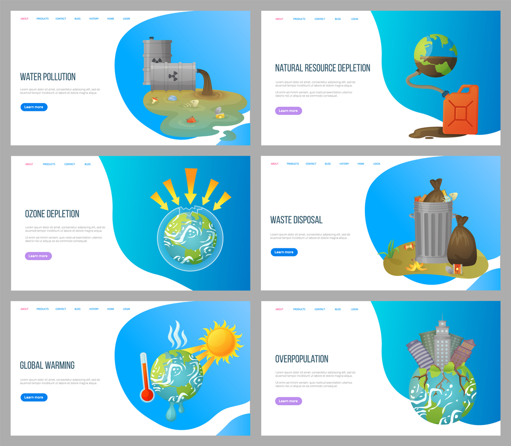 Global warming vector, environmental problems and ozone depletion, issues with plant, overpopulation and waste disposal, cans with trash. Website landing page flat style. Concept for Earth day. Environmental Problems, Waste Disposal Websites