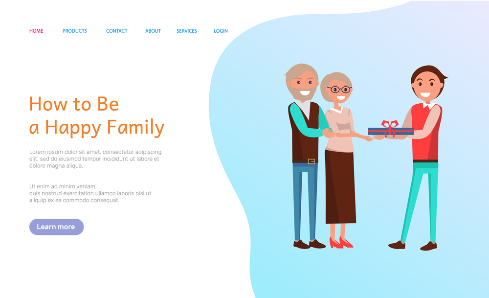 How to be happy family, birthday celebration vector web page. Elderly people holding present, grown up son of senior couple greeting with special event. How to Be Happy Family, Birthday Celebration Cake