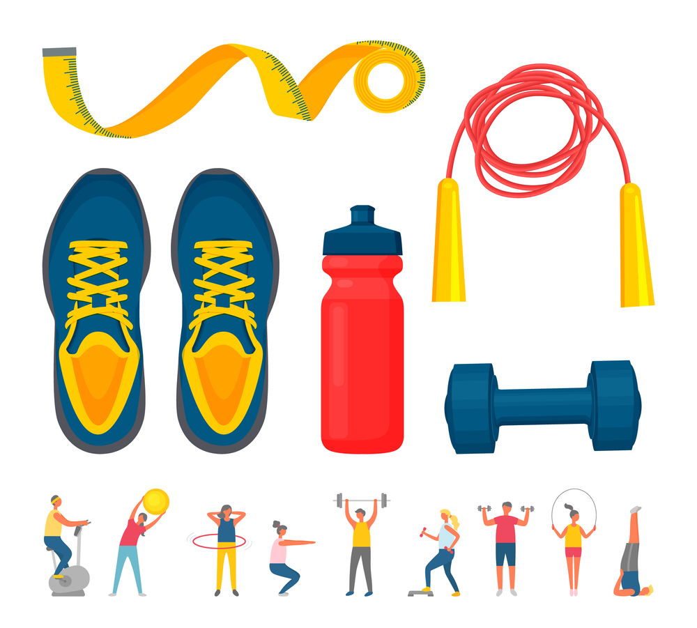 Sportswear collection and people activity, blue sneakers and dumbbell, red bottle for water, skipping rope and roulette, training man and woman vector. Training Equipment, Sporty People, Fitness Vector