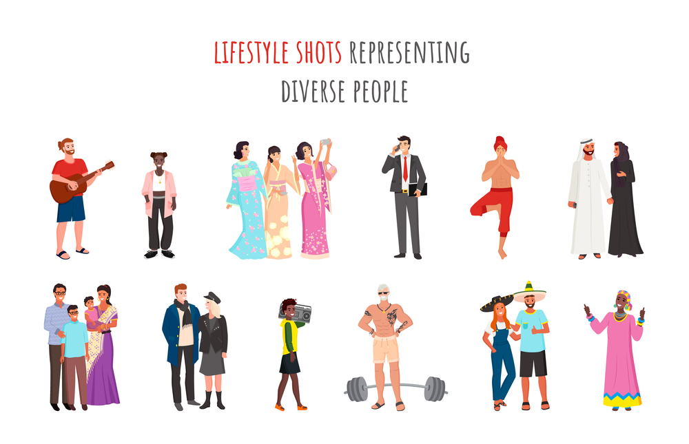 Lifestyle shots representing diverse people vector, man and woman wearing traditional clothes and elements of ethnic community, arabs and mexicans. Lifestyle Shots Representing Diverse People Ethnic