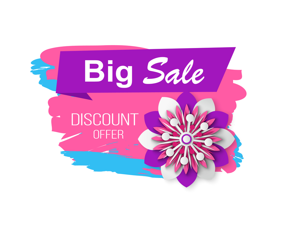 Big sale vector, banner with reduction of price and flower, isolated stripes with text and flourishing plant with petals, foliage and spring decor season. Big Sale and Discounts, Shops Clearance Banner
