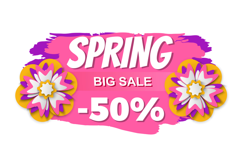 Spring sale vector, isolated banner with flowers and brush style design, flourishing plants and promotion of business, sales and propositions flat style. Spring Big Sale 50 Percent Off, Summer Banner