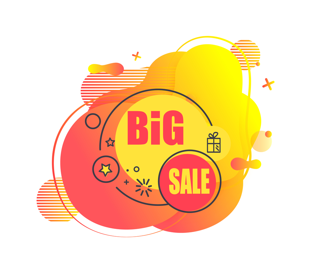 Big sale text abstract vector liquid shaped emblem, vector label isolated on white. Discount offering label, sale tag in liquid circle shaped design. Big Sale Abstract Liquid Vector Shape Emblem