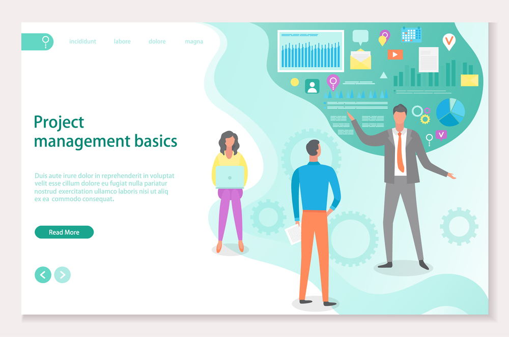 Project management basics vector, boss teaching new workers. Social trends and icons, infographics with data information, video and gear process. Website or webpage template, landing page flat style. Project Management Basics Landing Page Website