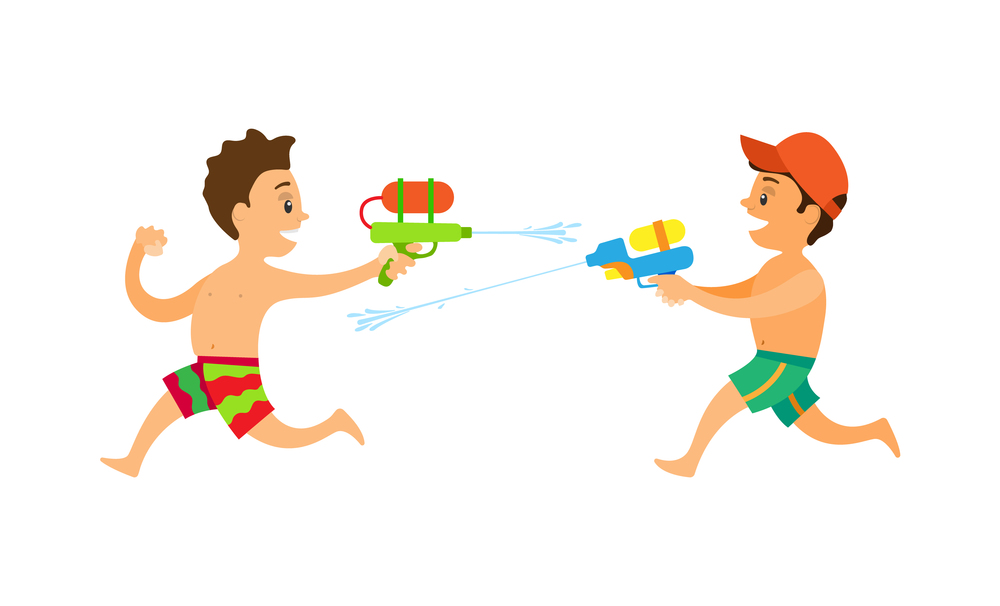 Friends playing water game, characters running and shooting squirt gun, side view of teenagers in shorts, songkran festive or summer activity vector. Boys Running and Shooting Squirt Gun, Duel Vector