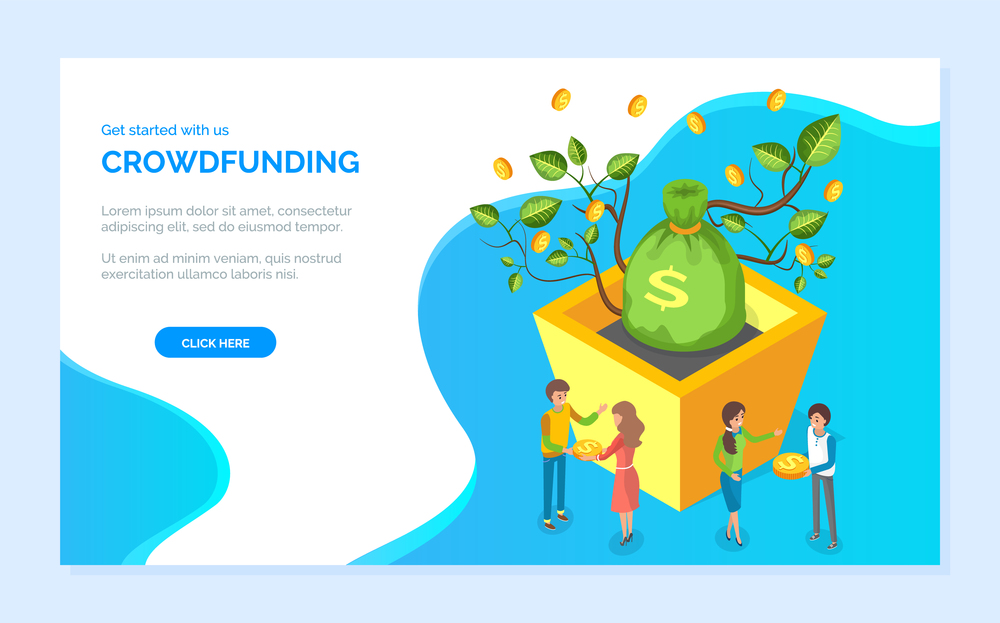Bag of dollars, money tree, leaves and coins. Get started with crowdfunding, man and woman holding currency, business investment technology vector. Website or webpage template, landing page flat style. Crowdfunding Bag of Dollars, Coin and Money Vector