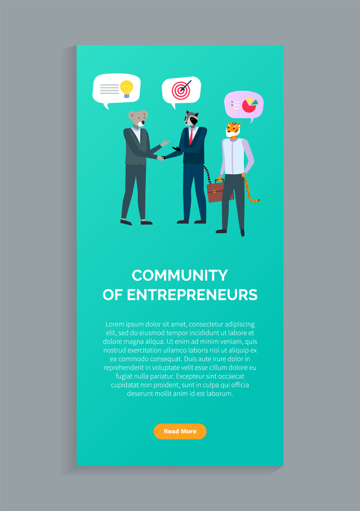 Community of entrepreneurs, hipster animals in businessman suits gather donations and discussing projects. Vector cartoon managers with head of tiger, koala and badger. Website or web page template. Community of Entrepreneurs, Animals in Business
