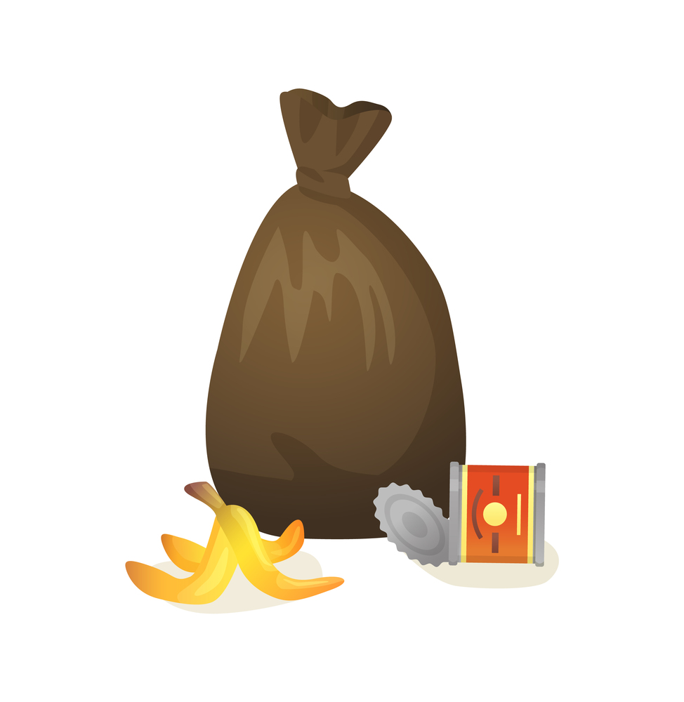 bag with garbage vector, isolated icon in flat style, banana skin and jar made of metal material, conservation of planet, environmental problems issues. Concept for Earth day. Plastic Bag with Collected Garbage Isolated Icon